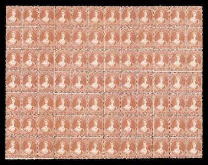 1d. pale orange-vermilion, a block of eighty-four, Rows 14-20 1-12 with re-entries on Rows 1412, 185-6 and 193, fresh unused without gum vertical crease through the ninth row
causing three stamps to have small splits, and second horizontal r