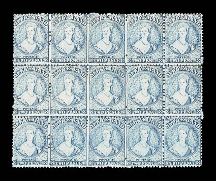 2d. pale blue (Plate I, worn), a block of fifteen (5x3) with large part original gum, fresh bright color and with many blind perforations due to the deterioration of the
perforating heads a couple of small fox marks and one stamp at left with sm