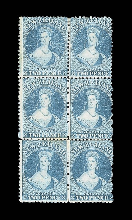 2d. blue (Plate II), a block of six (2x3) with the lower left stamp showing unusual plate wear on the left-hand side of the Queens diadem, fresh with large part original gum,
good strong color the lower block of four with small stain between tw