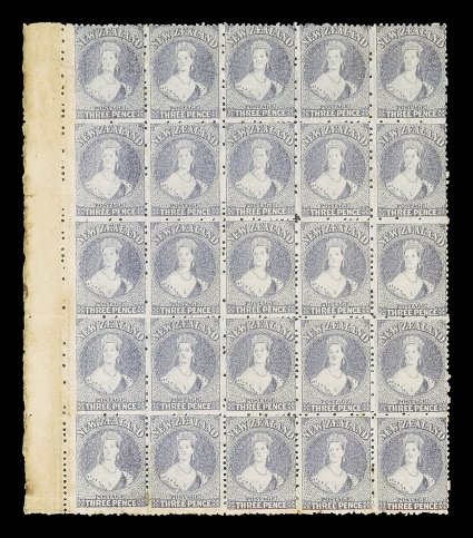 3d. lilac, a marginal block of twenty-five (5x5) from the left of the sheet showing part of postage marginal watermark, a light delicate shed and with large part original gum
a couple of tiny thins and a few stamps in the lower row with
