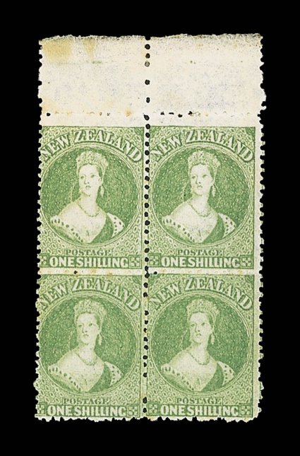 1- yellow-green, a marginal block of four from the top of the sheet, fresh bright color, unused with nearly full original gum a few light fox marks between perfs. in places
though a scarce and attractive multiple. Sc. 37a S.G. 125, £1,100+.