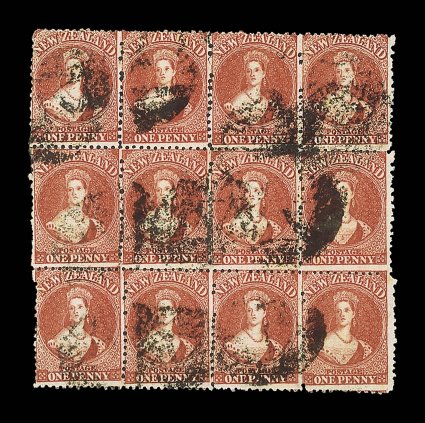 1d. carmine-vermilion, a block of twelve (4x3) illustrating the staggered nature of the perforations associated with this issue, indistinct bar cancellations upper left stamp
with small tear at top and some vertical perforations at top center se