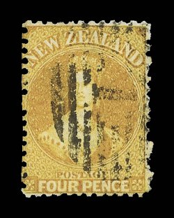 4d. orange in a rich deep shade, cancelled with bold strike of the large 1 in oval of bars at Auckland. Rare. R.P.S. Certificate (2006). Sc. 35a S.G. 121,
£1,000.