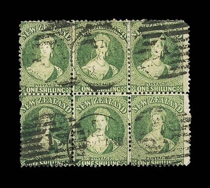 1- deep yellow-green, a block of six (3x2) cancelled with several strikes of the Auckland 1 duplex one stamp with a small thin and another with a rounded corner, however a
rare and desirable multiple. Sc. 37a, var S.G. 124, £780+. provena