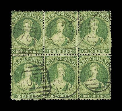 1- yellow-green, a block of six (3x2) cancelled with several light strikes of the Wellington 070 duplex upper right stamp with small tear at top, and a few other small
imperfections, however and rare and pleasing multiple. Sc. 37a S.G. 125,
