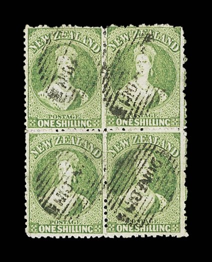 1- pale yellow-green, a block of four in this unusual bright shade, each cancelled dunedin in oval of bars the left-hand pair with a light vertical crease and the upper pair
with a few perfs. severed and re-enforced, none affecting the