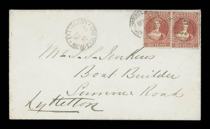 1865 (3 Mar.) envelope from Christchurch to Lyttelton, bearing 1d. carmine-vermilion pair tied by light strike of Christchurch C duplex and showing arrival datestamp (3.3)
alongside. A fine and exceptionally late use of the adhesives. R.P.S. Ce