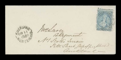 1865 (11 Mar.) envelope ex the Laver correspondence, addressed locally to Pitt St., Auckland, bearing 2d. pale blue (Plate I, worn) lightly cancelled by province of auckland
c.d.s. (another clear strike on reverse) and showing arrival