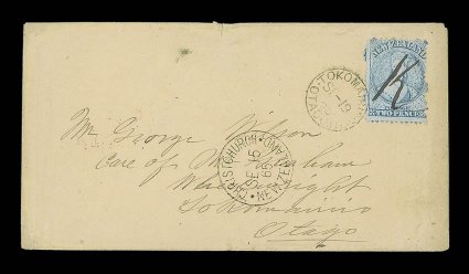 1865 (19 Sept.) yellow-brown envelope from Kanieri to Tokomairiro, Otago, bearing 2d. pale blue (Plate I, worn) cancelled with large manuscript capital K, showing Christchurch
(15.9) and arrival (19.9) datestamps, the latter tying the adhes