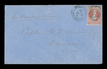 1866 (21 June) double rate blue envelope from Invercargill to Dunedin, marked per Overland Mail, bearing 4d. deep rose cancelled 21 and showing invercargillsouthland n.z
c.d.s. alongside with clear arrival c.d.s. (25.6) on reverse