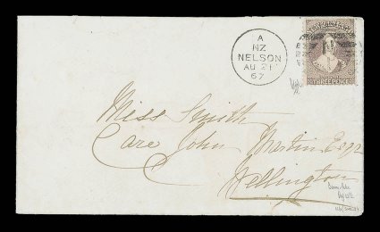 1867 (21 Aug.) envelope from Nelson to Wellington, bearing 3d. brown-lilac neatly tied by fine Nelson ni duplex and showing, on reverse, clear arrival (22.8) datestamp the
envelope with some creasing and flap missing. An attractive and