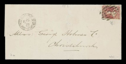 1867 (30 Oct.) local entire bearing 1d. carmine-vermilion clearly tied by C obliterator and showing christchurchnew zealand c.d.s. the entire with pressed central vertical
fold. A fine example of the 1d. for ½oz. letters delivered by
