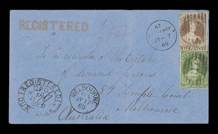1869 (7 July) blue envelope registered from Lawrence to Melbourne, bearing 6d. brown and 1- yellow-green (both with a small defect) each lightly cancelled 017 and with
despatch c.d.s. alongside, showing superb registered h.s. in red at