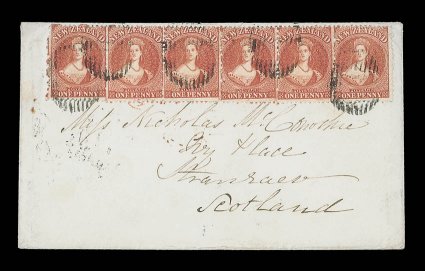 1865 (14 July) envelope from Otago to Stranraer, Scotland, bearing 1d.carmine-vermilion strip of six, clearly tied and showing, on reverse, despatch, Dunedin (15.7) and
arrival (22.9) datestamps. A very rare and attractive franking. B.P.A. Certif