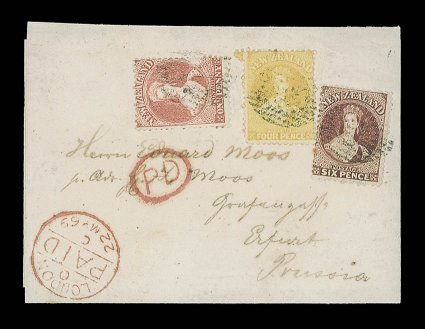 1869 (Mar.?) newspaper wrapper to Erfurt, Prussia, bearing 1d. orange (small defect at right), 4d. yellow and 6d. red-brown, each cancelled by indistinct obliterator, showing
oval-framed pd and London Paid c.d.s. (22.5) in red with, on reve