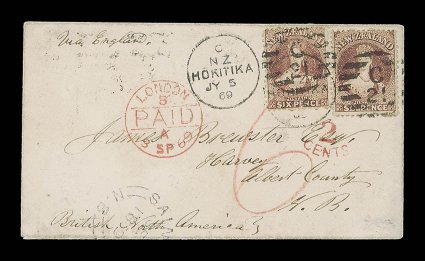 1869 (5 July) envelope from Hokitika to Harvey, Albert County, marked Via England, bearing 6d. red-brown (2) twice cancelled with C21 duplex, showing red crayon 6, London Paid
c.d.s. (13.9) and 2cents accountancy h.s., bot