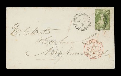1870 (23 Feb.) envelope from Invercargill to Harbour Grace, bearing 1- yellow-green clearly tied by 21 duplex, showing red crayon 1 and 16, London Paid transit c.d.s. (22.4)
and light arrival datestamp (10.5) the envelope with som