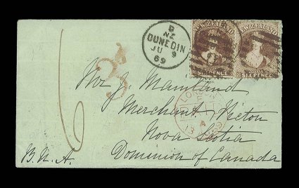 1869 (9 June) pale green envelope from Dunedin to Pictou, bearing 6d. red-brown (2) twice cancelled with O duplex, showing manuscript 6, handstruck 3d and London Paid (13.8)
transit c.d.s., all in red on face, and the reverse with Halif