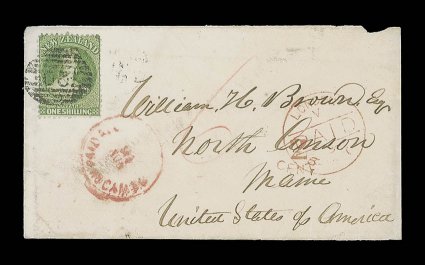 1869 (24 Aug.) envelope from Greymouth to Maine, bearing 1- green tied by 20 in oval of bars, showing red crayon 6, London Paid (6.11?) and New York Paid All (16.11)
datestamps, both with dates unclear, and 2cents accountancy h.s.,