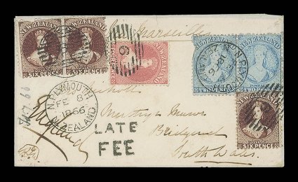1866 (8 Feb.) envelope from New Plymouth to Bridgend, Wales, marked Via Marseilles, bearing 2d. blue Plate I (worn) pair (one damaged), superb 4d. deep rose and 6d. red-brown
pair (one small defect at top) and a single, all neatly cancelled