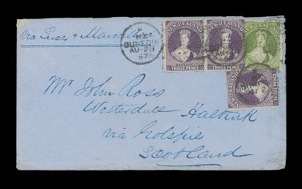 1867 (20 Aug.) blue double rate envelope from Dunedin to Golspie, Scotland, marked Via Suez & Marseilles, bearing 3d. deep mauve pair and single slightly overlapping 1-
yellow-green, all cancelled by duplex and showing, on reverse, clear a