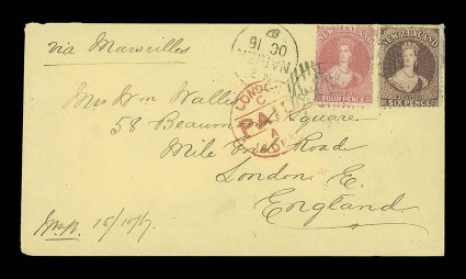 1867 (15 Oct.) yellow envelope from Napier to London, marked via Marseilles, bearing 4d. deep rose and 6d. red-brown cancelled by 11 obliterator and showing despatch and
arrival (14.12) datestamps alongside. An attractive and scarce frank