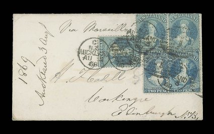 1869 (3 Aug.) envelope from Auckland to Edinburgh, marked Via Marseilles, bearing 2d. blue Plate II pair and three slightly overlapping singles, all tied by 1 duplexes and
showing Prestonpans c.d.s. (3.10) on reverse the envelope with pa