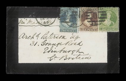 1869 (28 Dec.) double rate mourning envelope from Dunedin to Edinburgh, marked Via Marseilles, bearing 2d. blue Plate II, 6d. red-brown and 1- green (defective), all clearly
tied by O duplex the envelope with part flap missing. A scarce