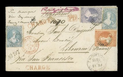 1873 (15 Feb.) envelope registered from Auckland to Libourne, marked Via San Francisco with the routing changed to Per Wanga via Sydney, Suez & Marseilles, bearing 3d. lilac
and 1871 2d. orange and 6d. pale blue (2), all lightly cance