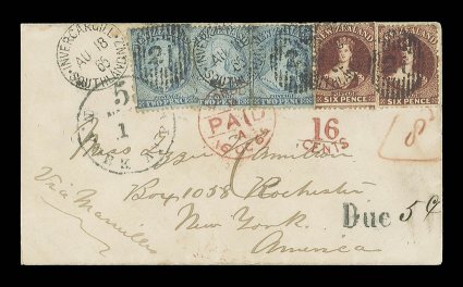 1865 (18 Aug.) envelope from Invercargill to Rochester, N.Y., bearing 2d. pale blue Plate II (3) and 6d. red-brown (2), all clearly cancelled with 21 duplex, showing red
crayon 8d, London Paid transit c.d.s. (16.10), n.york am pkt