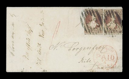 1867 (24 Oct.) envelope from Ross (manuscript notation at left) to Ribe, carried on the 17th voyage of the Ruahine, rated 4 and 1-, bearing 6d. light red-brown (2, one with
small faultsdefects), both cancelled C6 in oval of