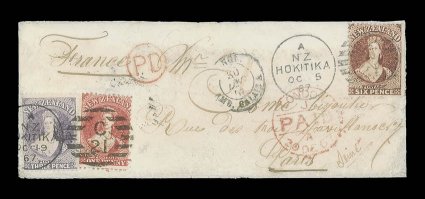 1867 (5 Oct.) envelope from Hokitika to Paris, carried on the 17th voyage by the Ruahine, bearing 6d. red-brown cancelled with C21 duplex and some two weeks later 1d.
carmine-vermilion and 3d. lilac similarly cancelled (19.10), showing r