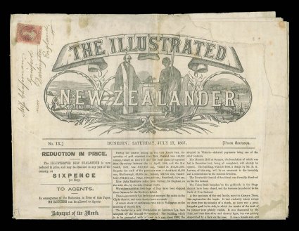 1867 (27 July) complete copy of the Illustrated New Zealander newspaper (Dunedin) from Waikouaiti, Otago to Gainford near Darlington, carried on the 14th voyage by the Rakaia,
bearing 1d. carmine-vermilion cancelled 05 in bars the
