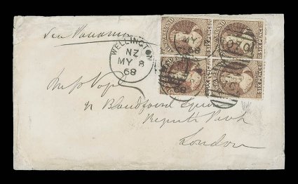 1868 (8 May) envelope from Wellington to London, bearing 6d. red-brown block of four (perfs. clipped at upper right) placed sideways and tied by 070 duplex, showing red London
Paid c.d.s. additionally tying the block the envelope with flap mis
