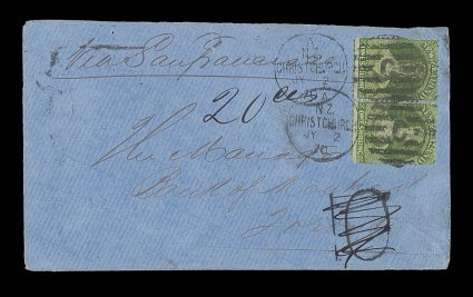 1870 (2 July) blue envelope from Christchurch to Toronto, marked Via San Francisco, bearing 1- green pair (both defective) placed sideways an tied by C duplex, showing
handstruck 10 (deleted) and manuscript 20 cts with, on revers