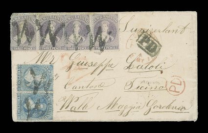 1871 (9 Feb.) envelope from Waimea to Locarno, carried on 1st Contract, 12th voyage by the City of Melbourne, bearing 2d. pale blue pair and 3d. lilac pairs (2), all cancelled
with large capital W, showing circular-framed pd in re