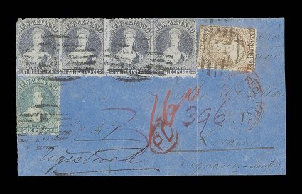 1873 (6 Mar.) front and small part back registered from Westport to Locarno, carried on 2nd Contract, 24th voyage by the Dakota, bearing 3d. lilac strip of four plus 1871 1d.
brown and 6d. pale blue, all neatly cancelled N4 in oval of ba