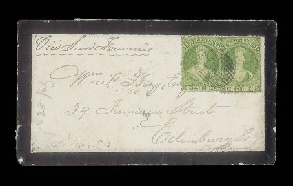 1871 (8 Aug.) quadruple rate mourning envelope from Queenstown to Edinburgh, carried on the 5th voyage by the Nevada, bearing 1- yellow-green (2) lightly cancelled 25 in oval
of bars and showing, on reverse, despatch, Dunedin (12.8) and