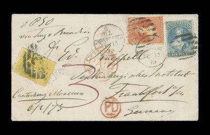 1873 (13 Feb.) envelope from Canterbury Musuem, Christchurch to Frankfurt, marked via Suez & Brindisi, bearing 1871 2d. vermilion and 6d. pale blue, both cancelled with C
duplex, underfranked and detained for additional postage, subsequen