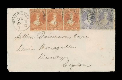 1872 (3 May) envelope from Wellington to Kandy, bearing 3d. lilac pair and 1871 perf. 10x12½ 2d. orange pair and single, all cancelled with 070 duplex and showing, on reverse,
Nelson (19.5), Galle and arrival datestamps the envelope with some