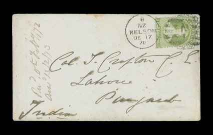 1872 (17 Dec.) envelope from Nelson to Col. Croft at Lahore, bearing 1- yellow-green placed sideways and tied by N1 duplex, the reverse with Bombay (29.1) and Lahore Delivery
(1.2) datestamps. R.P.S. Certificate (2006). Sc. 37a S.G. 125.