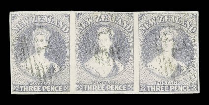 3d. lilac horizontal strip of three, small to large margins and lightly cancelled, fine. A scarce multiple. Sc. 33b, $1900+ S.G. 117a, £1800+.
