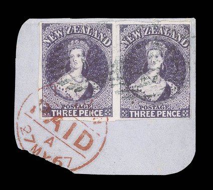 3d. deep mauve horizontal pair with clear to large margins, on small piece, cancelled by unclear obliterator and tied by red London Paid c.d.s. (27.5.67), fine. Sc. 33c,
$1,900 S.G. 118a, £1,800.