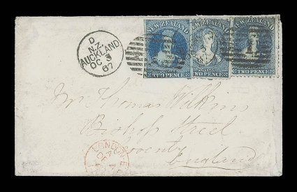 2d. deep blue Plate II with large margins at sides, cut-into at top and touched at foot, showing marginal guide at left therefore [I-7], used with two perforated 2d. blue, Row
188-9 retouched, tied by Auckland 1 duplex on 1867 (3 Oct.) envelop