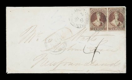 6d. pale red-brown horizontal pair with large to very large margins, tied by light Invercargill 21 duplex on 1867 (3 June) envelope to Harbour Grace, Newfoundland, showing
blue crayon 13 and manuscript 4 plus light arrival c.d.s. (