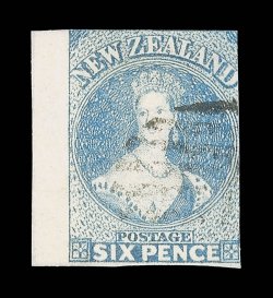 6d. pale blue with part sheet margin at left, small margin at foot and cut-into on the other two sides, lightly cancelled small thin at top right. Rare.