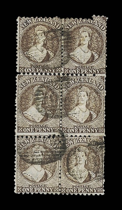 1d. brown, a block of six (2x3) showing varying degrees of perforation staggering, particularly apparent in the top row, indistinct numeral cancellations blunted perforations
at right and one stamp with a crease though of fine appearance for suc