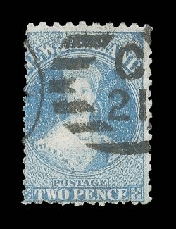 2d. deep blue (Plate II), variety perforation 12½ compound with perforation 10 at top, neatly cancelled with part Hokitika C21 duplex. A fine and remarkable stamp, being
exceptionally rare in the basic form of perforation 12½x10 and wi