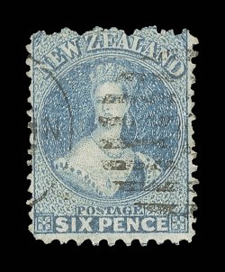 6d. blue, a generally well-centered example neatly cancelled with part impression of an unidentified duplex a fine example of this scarce perforation. Sc. 44 S.G. 131a,
£1,600.