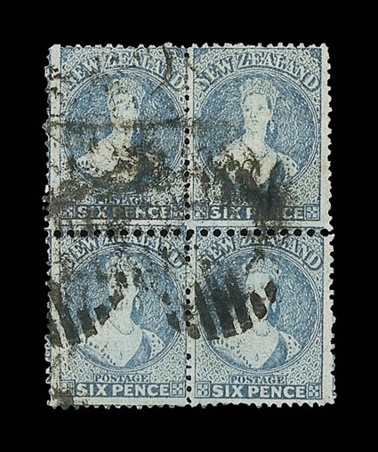 6d. blue, a block of four perforated 10 horizontally at center resulting in all four stamps being perforation 12½ compound with perforation 10 on one side, unusual vertically
misplaced watermarks, indistinct cancellations the odd trace of creasi